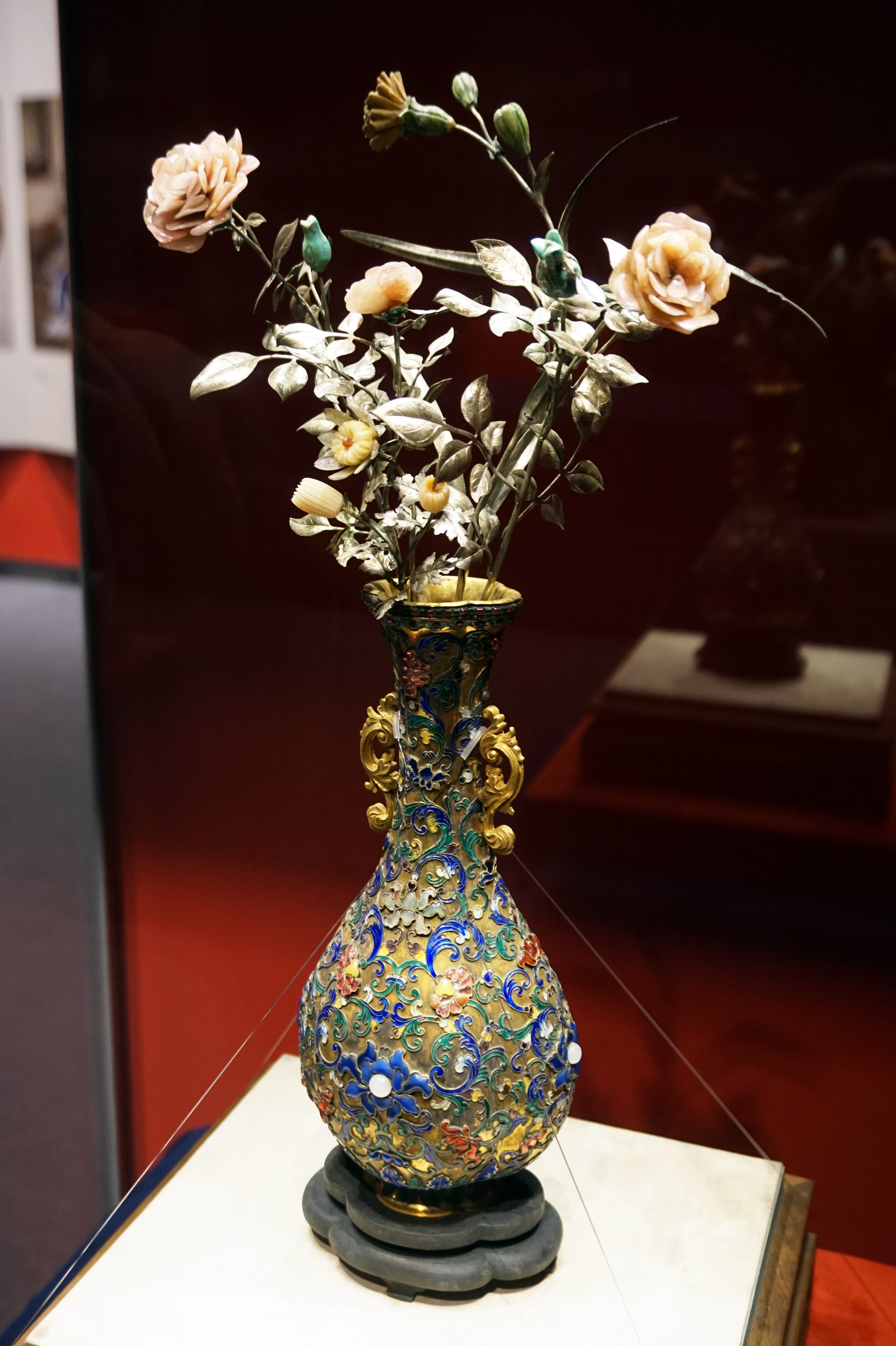 Cloisonné and Carved Stone Rose Bonsai Sculpture