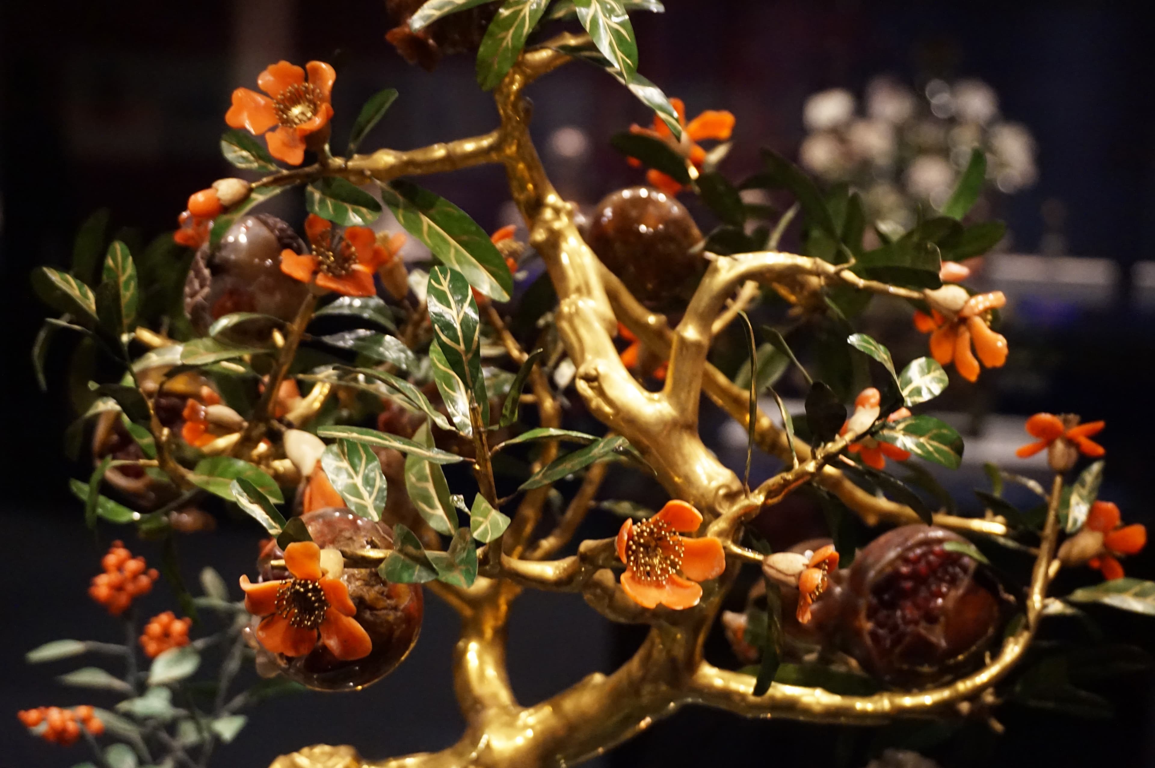 Gilt Copper and Jade Pomegranate Bonsai Sculpture