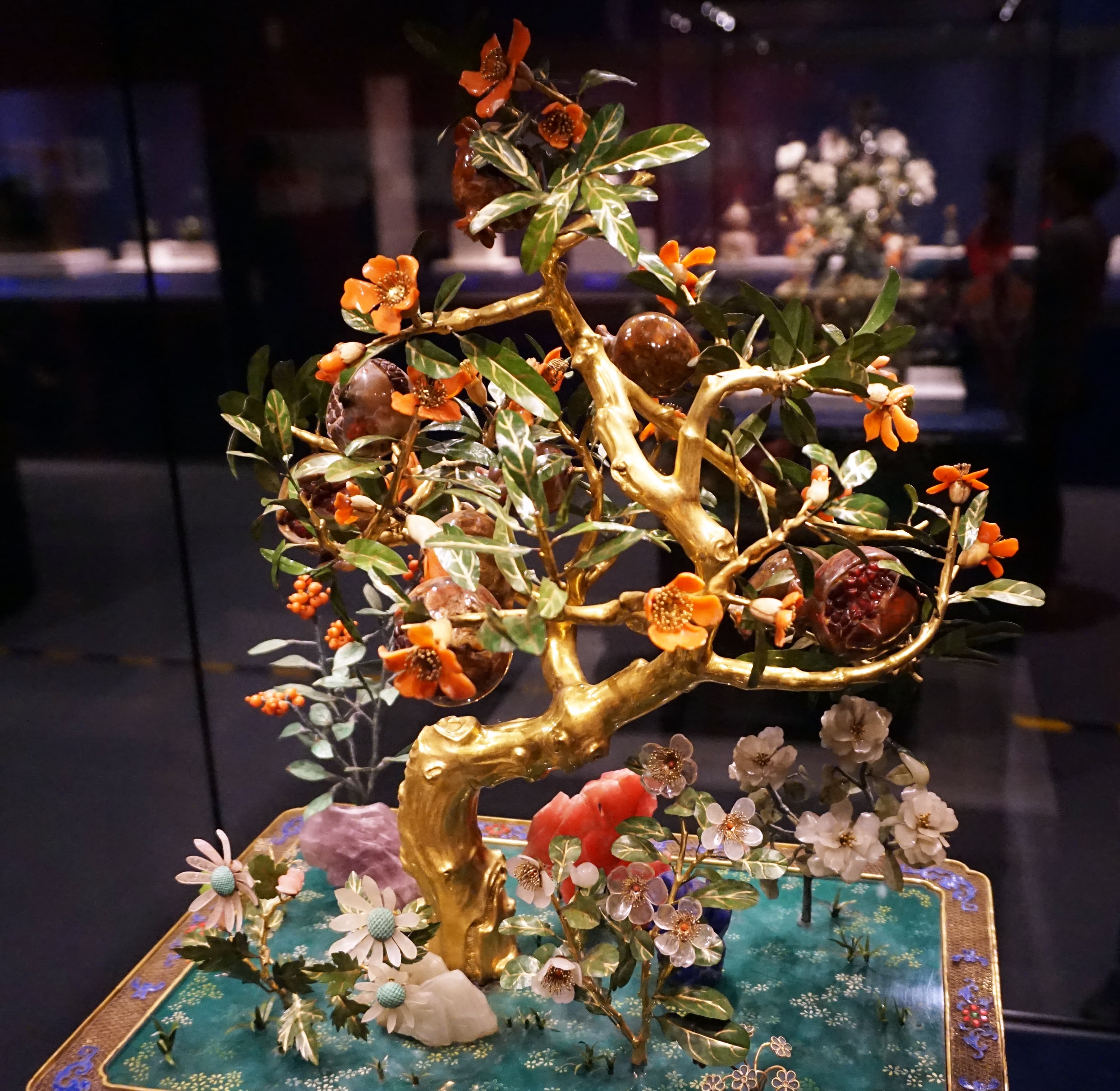 Gilt Copper and Jade Pomegranate Bonsai Sculpture